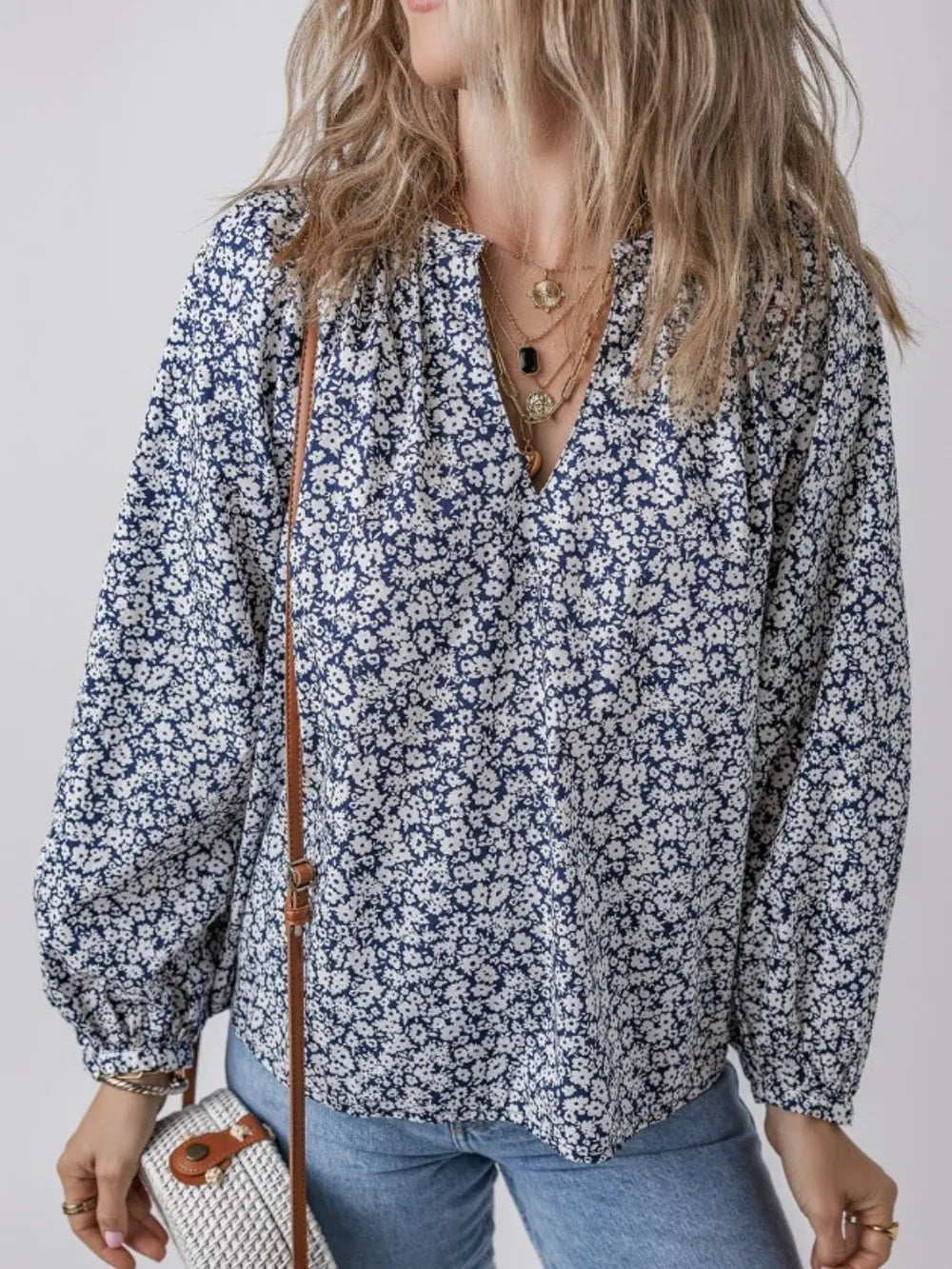 Stylish Floral Print Notched Long Sleeve Blouse in 100% Cotton - Opaque & Sheer Contrast