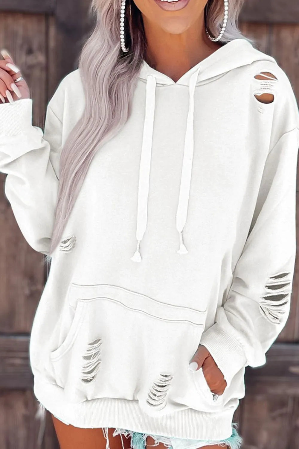 Trendy Distressed Long Sleeve Hoodie with Drawstring and Pockets - Comfortable and Stylish