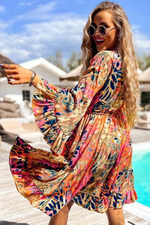 Boho Chic Printed Flare Sleeve Dress with Ruffled Hem - 100% Viscose, Opaque Design