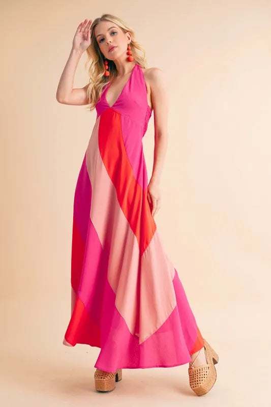 Aemi+Co Color Block Sleeveless Maxi Dress - Chic Asymmetrical Design, Flowy Fit, 100% Rayon