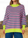 Striped Round Neck Long Sleeve Sweater Purple