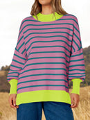 Striped Round Neck Long Sleeve Sweater Purple