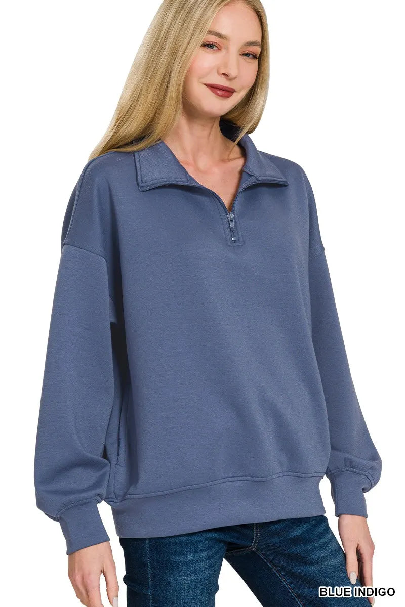 Trendy Zenana Scuba Quarter-Zip Sweatshirt in Comfortable Stretchy Fabric for Layering