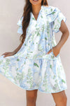 Floral Contrast Edge Layered Short Sleeve Mini Dress Light Blue