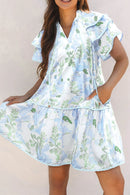 Floral Contrast Edge Layered Short Sleeve Mini Dress Light Blue