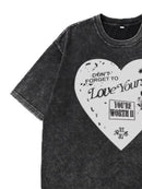 Heart Graphic Oversized Round Neck T-Shirt - Short Sleeve, 100% Polyester, Machine Washable - Store 42