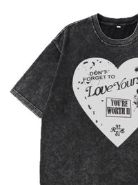 Heart Graphic Oversized Round Neck T-Shirt - Short Sleeve, 100% Polyester, Machine Washable - Store 42