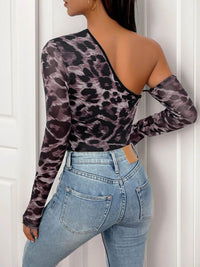 Leopard Print One Shoulder Long Sleeve Bodysuit - Store 42