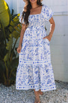 Smocked Printed Square Neck Puff Sleeve Dress Royal Blue
