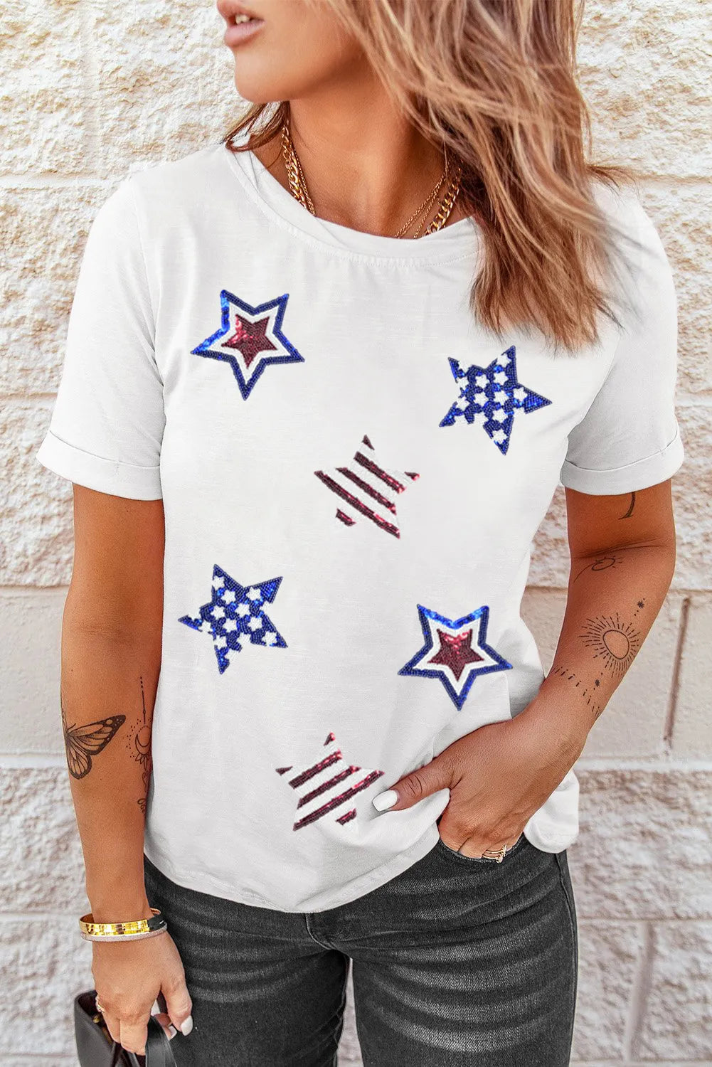 Sequin Star Round Neck Short Sleeve T-Shirt