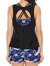 Cutout Printed Round Neck Three-Piece Swim Set Dark Blue