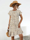 Frill Floral Round Neck Short Sleeve Tiered Dress Tan