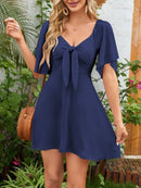 Smocked Back Knotted Flutter Sleeve Dress