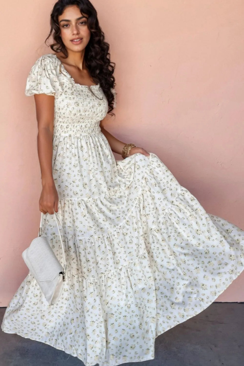 Floral Smocked Maxi Dress with Short Puff Sleeves, Tiered Design, 100% Polyester