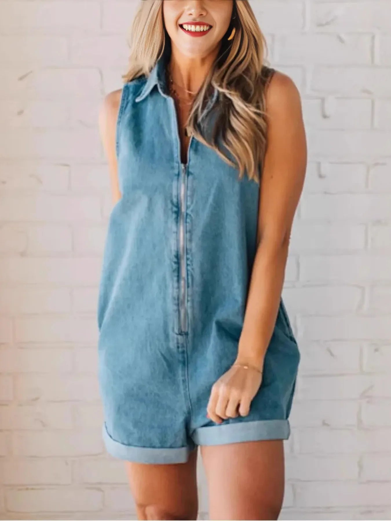 Trendy Zip Front Sleeveless Denim Romper with Pockets and Stretch for Comfort
