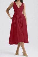 Ruched V-Neck Sleeveless Dress with Pockets Deep Red