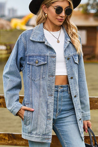 Buttoned Collared Neck Denim Jacket with Pockets Medium