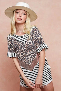 BiBi Stripe Rayon Span Knit Color Block Top With Leopard - Store 42