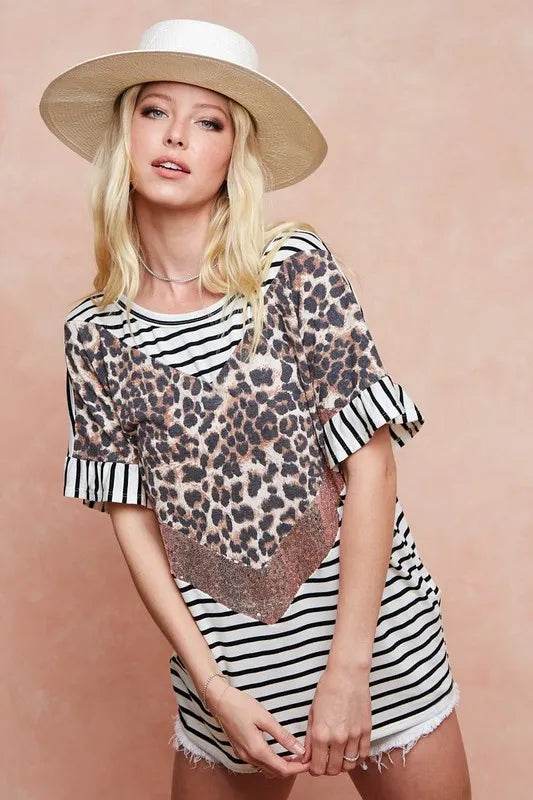 BiBi Stripe Rayon Span Knit Color Block Top With Leopard - Store 42