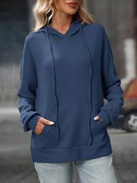Slightly Stretchy Textured Drawstring Long Sleeve Hoodie with Pocket - Trendy Casual Wear - Store 42