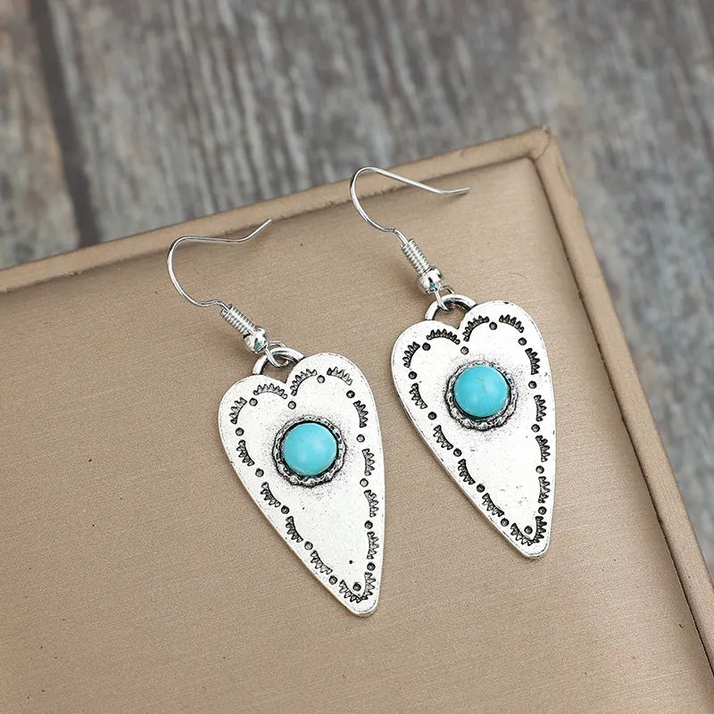 Turquoise Heart Dangle Earrings - Silver-Plated Alloy, 1.9 In Long, Lightweight Jewelry
