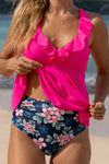 Crisscross Ruffled V-Neck Tankini Set Hot Pink