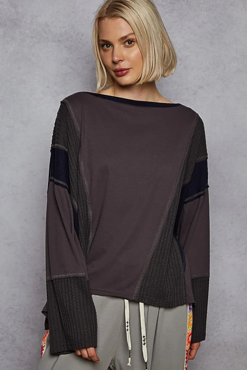 Trendy POL Contrast Round Neck Long Sleeve T-Shirt with Multi-Texture Design and Oversized Fit