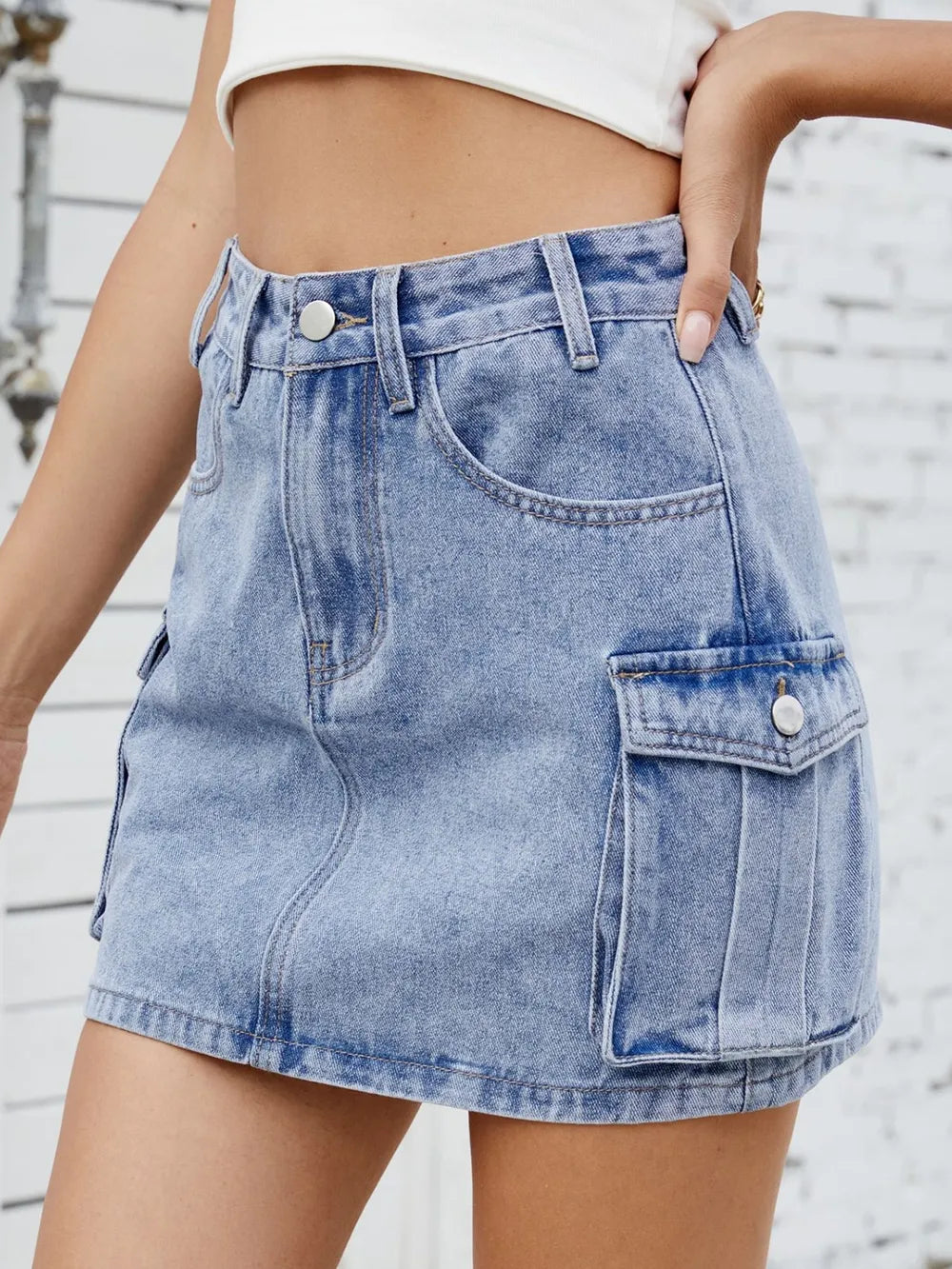 Cargo Denim Skirt with Pockets - 95% Rayon, Machine Washable, Classic Style, Multiple Sizes