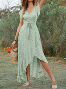Printed Surplice Ruffle Sleeve Dress