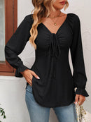 Mandy Tie Front V-Neck Blouse with Flounce Sleeves in Solid Casual Style - Store 42