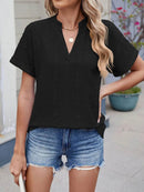 Trendy Eyelet Notched Short Sleeve Top in 65% Rayon - Stylish & Versatile Women's Wear - Store 42