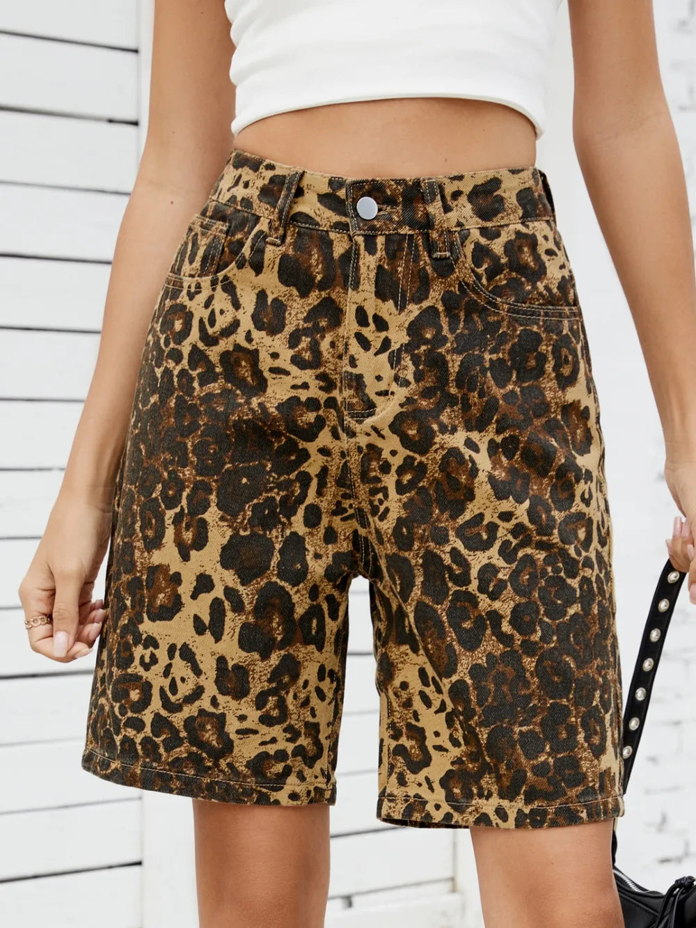 Trendy Leopard Print High Waist Denim Shorts with Pockets - Stylish Casual Summer Wear