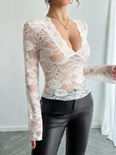 Lace Deep V-Neck Long Sleeve Sheer T-Shirt - 90% Polyamide, Slightly Stretchy Top - Store 42