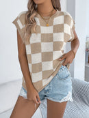 Checkered Round Neck Cap Sleeve Knit Top