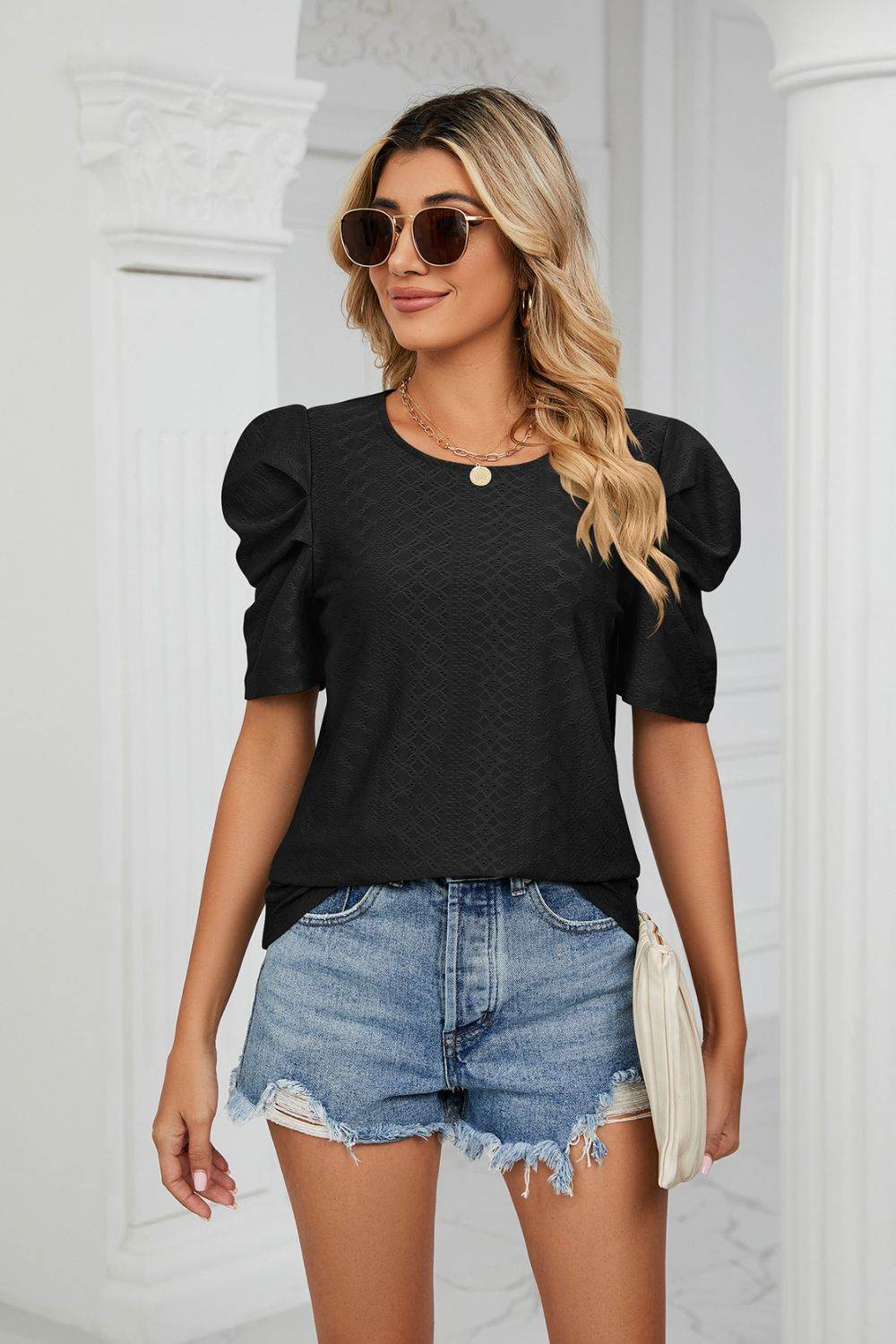 Trendsi Eyelet Puff Sleeve Blouse - Casual Round Neck Top for Every Occasion - Store 42