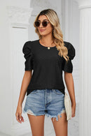 Trendsi Eyelet Puff Sleeve Blouse - Casual Round Neck Top for Every Occasion - Store 42