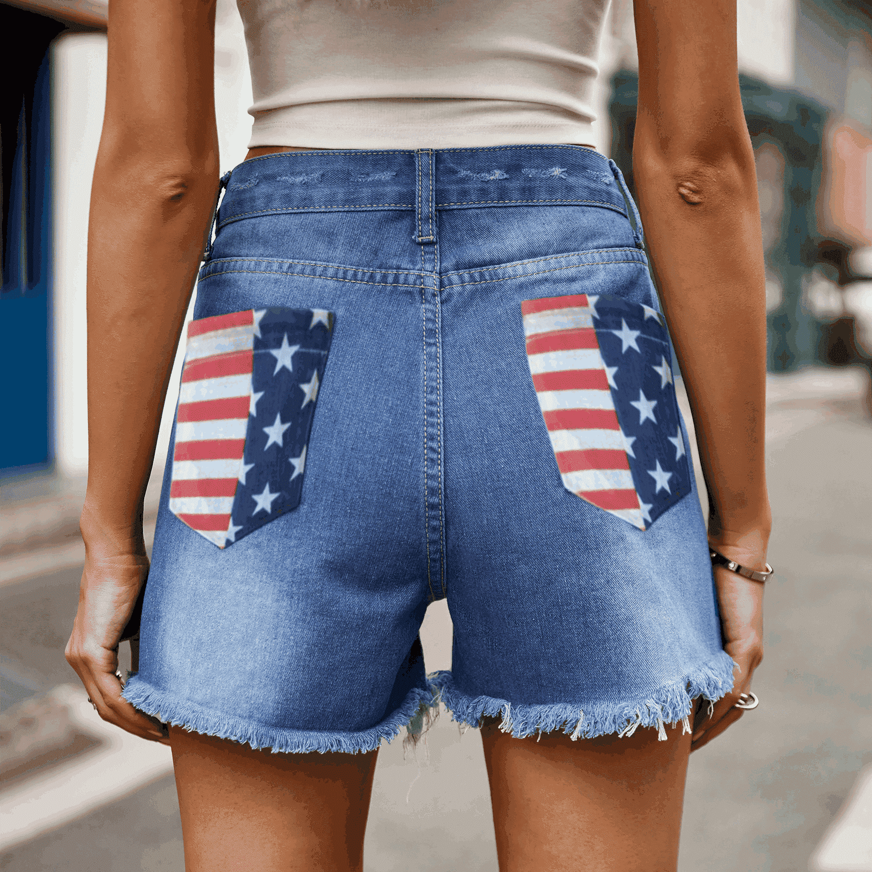 Chic Distressed Denim Shorts with US Flag Print - Casual Summer Style for Women