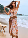 Printed Spaghetti Strap One-Piece Swimwear and Cover Up Swim Set Brown