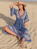 Ruched Printed Flounce Sleeve Midi Dress