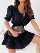 Ruffled Smocked Layered Mini Dress Black