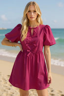 Oh Bow Ruched Puff Sleeve Mini Dress