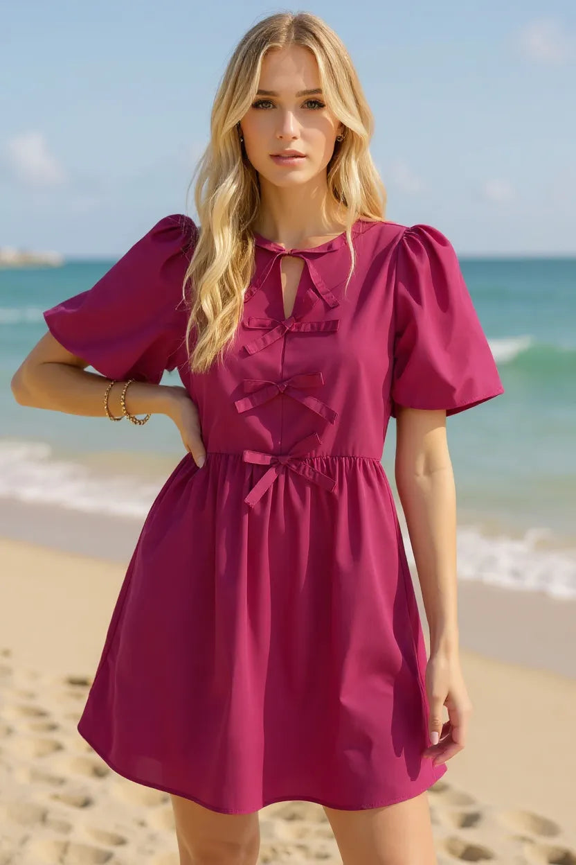 Oh Bow Mini Dress With Ruched Puff Sleeves - 100% Cotton, Opaque, Comfortable Fit