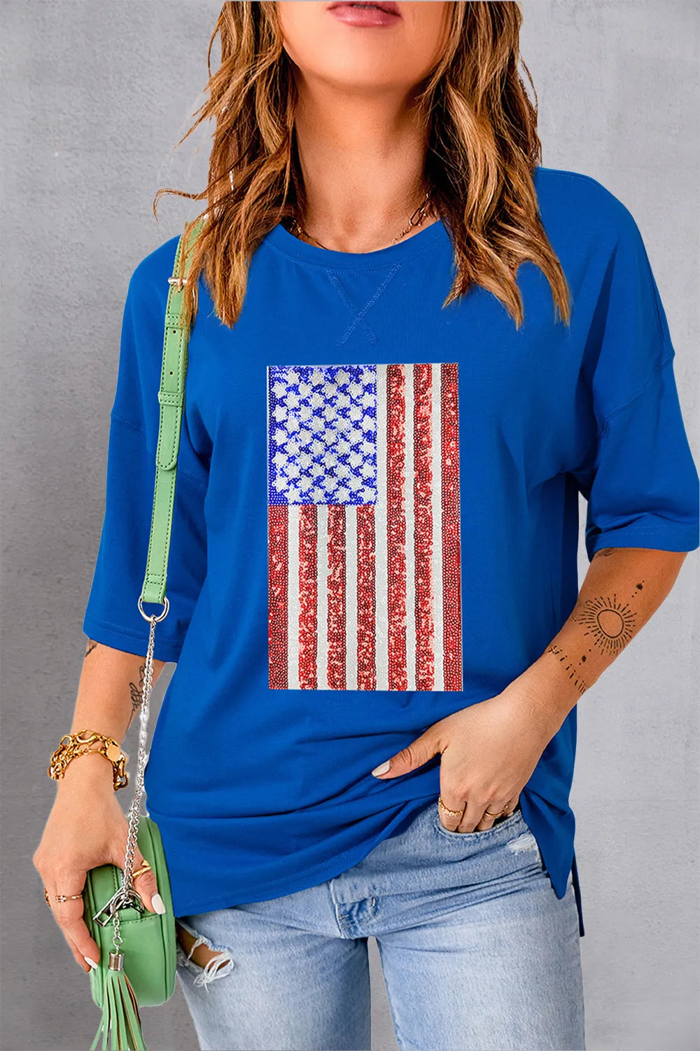 US Flag Sequin Round Neck Half Sleeve T-Shirt - Opaque Stretch-Free Fabric for Comfort