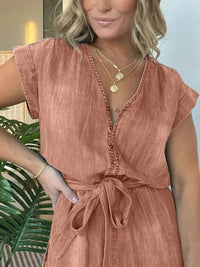 Full Size Tie Waist Cap Sleeve Denim Romper Plus Size - Store 42