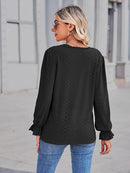Elegant Eyelet V-Neck Blouse with Flounce Sleeves - Slightly Stretchy Cotton Blend - Store 42