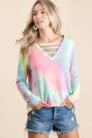 BiBi Tie Dye French Terry V-Neck Top with Strapped - Store 42