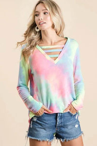 BiBi Tie Dye French Terry V-Neck Top with Strapped - Store 42
