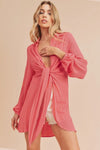 Aemi + Co Tied Collared Neck Long Sleeve Top Strawberry