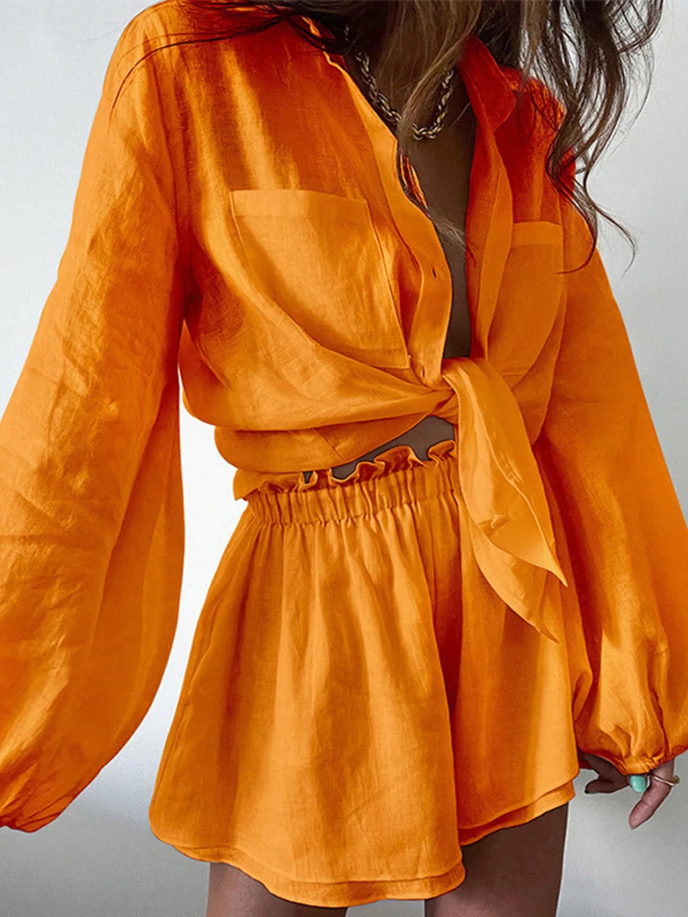 Full Size Button Up Balloon Sleeve Top and Shorts Set Plus Size
