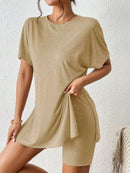 Casual Round Neck T-Shirt and Shorts Set Khaki